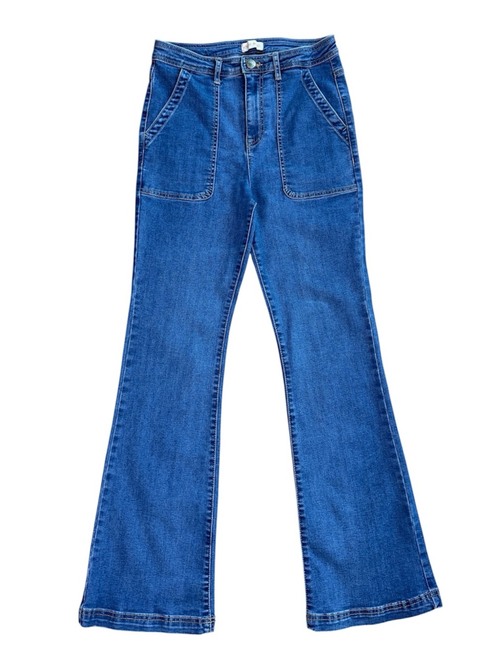 Knox Rose Retro High-Rise Patch Pocket Flare Blue Jeans